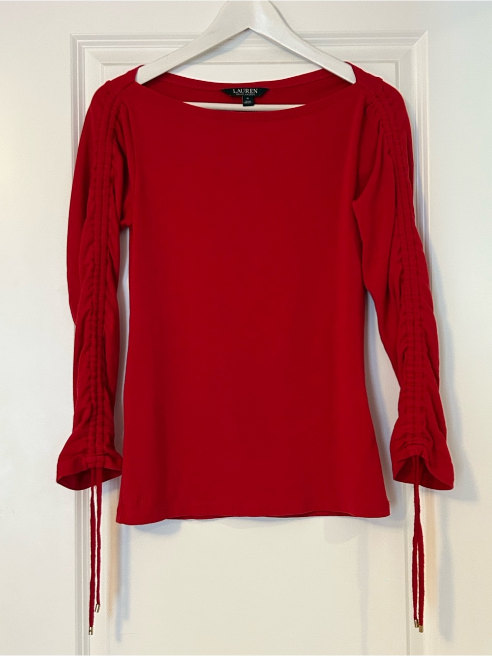 Lauren Ralph Lauren Red Long-Sleeve Ruched Drawstring Sleeve Top